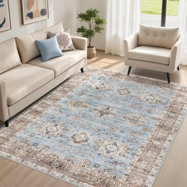 Area Rugs for Living Room: 6x9 Washable Rug Vintage Pattern Large Non-Slip Stain Resistant Soft Durable Floor Carpet for Bedroom,Dining Room, Home Office - Brown Blue
