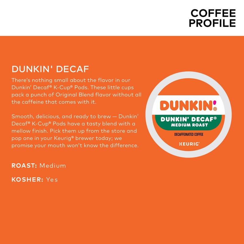 Dunkin' Decaf Medium Roast Coffee, 22 Keurig K-Cup Pods