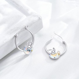 Rabbit Earrings 925 Sterling Silver Hypoallergenic Rabbit Moon Earrings Crystal Huggie Hoop Earrings Cute Rabbit Jewellery for Teenage Girls Women, Sterling Silver