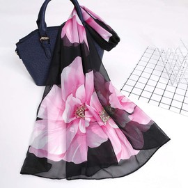 E-Clover Women Soft Floral Print Shawl Chiffon Sheer Scarf (A-Black&Pink)