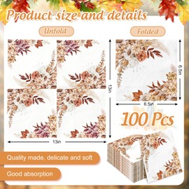 AnyDesign 100Pcs Boho Floral Paper Napkins Flower with Leaves Disposable Napkin Rustic Fall Decorative Dinner Hand Napkin for Autumn Farmhouse Holiday Party Supplies
