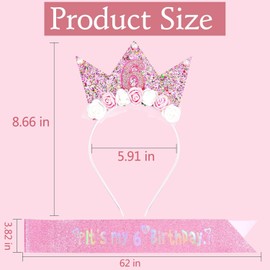 KIUEZIR 6th Birthday Headband & Sash Set in Pink - It's My 6th Birthday Glitter Sash and 6th Headband Crown with Flower & Pearl & Sprinkle Decor, Complete Princess Party Hair Accessories