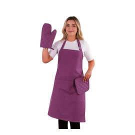 OceanSSH Kitchen Apron and Oven Mitt Set-3 pcs; Adjustable Cooking Kitchen Apron with pockets, Heat-Resistant Oven Mitt and Pot Holder I 482 °F I Water-Repellent Apron Set, Purple