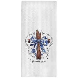 BYRFIIEU Christian Kitchen Towels, Proverbs 31 Woman Gifts Dish Tea Towels for Kitchen Decor, Chinoiserie Coquette Blue Bow Cross Decorative Hand Towel for Bathroom, 16x24 Inches