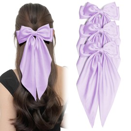 3PCS Pruple Large Hair Bows for Women Oversized Long Tail Bow Hair Clips Satin Daily Ribbon Bow Hair Family Barrettes Ponytail Holder Vintage Easter Hair Accessories for Girls Teens