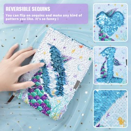Sequins Notebook Set - Sparkly Mermaid Journals Unique Gift for Girls Travel School Office Notepad Memos A5 Diary Notebooks Pen Bracelet Key-chain with Locks and Keys