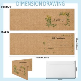 50 SETS Gift Certificates for Business, Blank Kraft Gift Cards Certificates with Envelopes,Gift Certificates for Salon Restaurants Spa Marriage Birthday Client Vouchers 11.8 x 3.9 Inch - Green Leaf