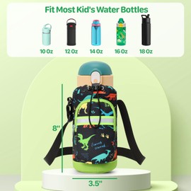 BrainyBees Water Bottle Carrier for Kids - Water Bottle Holder with Strap, Boys Water Bottle Sling Bag for 10/12/14/16/18Oz Water Bottles Walking Hiking Camping, Black Dinosaur