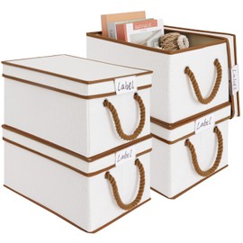 LoforHoney Home Fabric Storage Bins with Lids for Organizing, Foldable Storage Boxes with Lids for Shelves, Clothes Baskets with Cotton Rope Handles, Closet Storage Bins, Large, Beige & Brown, 4-Pack