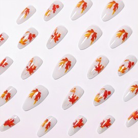 24 Pcs Fall Almond Press on Nails Medium,Nude Fake Nails with Maple Leaves Design Thanksgiving False Nails Artificial Acrylic Nails Press ons Reusable Almond Nails Glue on Nails for Women