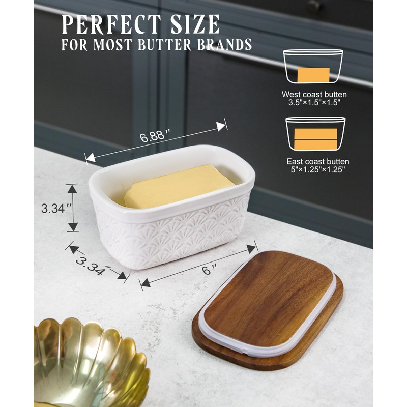 Nucookery Ceramic Butter Dish, Embossed Butter Keeper with Wood Lid