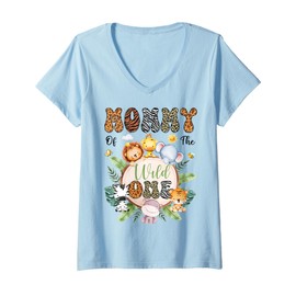 Womens Mommy of The Wild One 1St Birthday Safari Animal Lover V-Neck T-Shirt