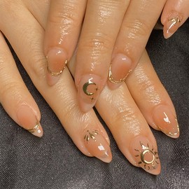 Almond Press on Nails Short Fake Nails French Tip False Nails Press ons with Designs Gold Star Moon Acrylic Nails Full Cover Glue on Nails Cute Artificial Stick on Nails for Women Decorations 24Pcs