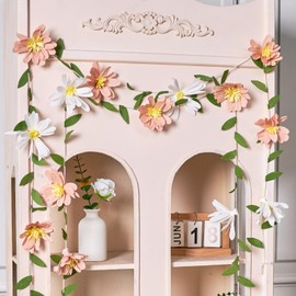 Easy Joy 2Pcs Paper Flower Garland 8.2ft Spring Hanging White Pink Paper Flower Green Leaves Party Banner Crepe Artificial Flower Floral Garland for Spring Birthday Wedding Home Wall Decor