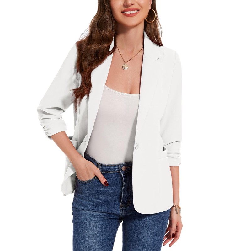 MINTLIMIT Women's White 3/4 Ruched Sleeve Blazer One Button Notch