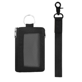 Double-Sided Zipper Badge Holder with Clear ID Window, Wrist Lanyard, Detachable Key Ring & Metal Clasp - Heavy Duty RFID Blocking Card Wallet for Work, Nurses, Teachers, Black
