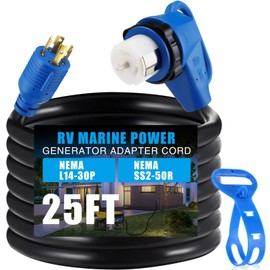 Kanayu 25FT NEMA L14-30P to SS2-50R RV Marine Power Generator Adapter Cord, 30A 4 Prong Locking Generator L14-30P Male to 50A Marine Shore Power 90 Degree Right Angle SS2-50R Female, ETL Listed