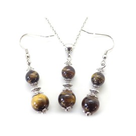 Stainless Steel Necklace and Earrings Set with Brown Tiger Eye Beaded Pendant and Tibetan Beads
