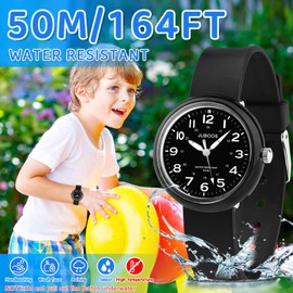 Juboos Children's watch, children's watch, boys and girls, analogue quartz watch with children's watch, light, 50 m, waterproof, learning time, wristwatch, children, boys, 4-12, black, Modern