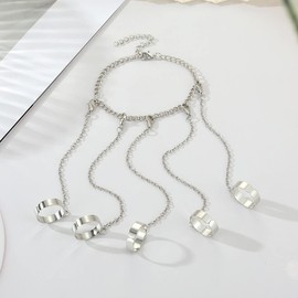 Punk Chain Finger Rings Bracelet for Women Adjustable Silver Gothic Cool Statement Stackable Rings Hand Harness Chain Rings Bracelet Eboy Egirls Hiphop Rock Jewelry-A Five Rings