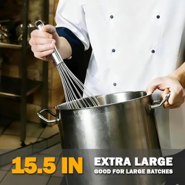 18/10 Stainless Steel Large Whisk Set of 2, 15.5 inch Heavy Duty Long Whisk and 12 inch Whisks, Suitable for Deep Pots or Big Bowl, Mixing, Beating, Blending