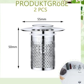 Pack of 2 Sink Plugs, Removable Drain Strainer, Washbasin, Floor Drain Filter Made of Stainless Steel, Universal Pop Up Drain Valve, Sink with Hair Strainer for Kitchen, Bathroom, Drain Plug