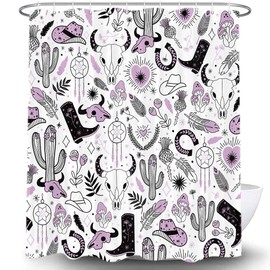 Cowboy Western Boho Cactus Shower Curtain, Cowgirl plants bohemian feathers print cute bathroom decor Bath Curtains, Bull Head Skull horseshoe Polyester Accessories with Hooks 69x70 Inches（Purple）