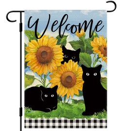 DLZDN Summer Cat Garden Flag Sunflower Black Cat Garden Flag 12×18 Inch Double Sided Buffalo Plaid Farmhouse Welcome Yard Flag Spring Summer Seasonal Outdoor Decor