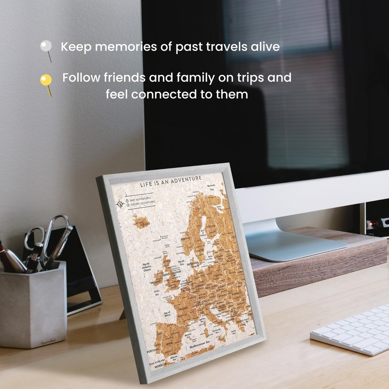 Splosh Travel Map - Grey Desk Pin Board Europe Map,
