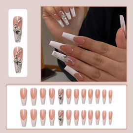 Press On Nails Long, 24 Pcs Fake Nails Coffin French Ballerina Acrylic False Nail Set Sick On Nail With Jelly Glue Sticker For Women And Girls Nail Tips(PINK LOVE) (White Butterfly)