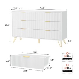 LYNSOM White Dresser for Bedroom, Fluted 6 Drawer Wood Dresser with Golden Handles, Modern Dressers & Chests of Storage Drawer for Hallway Entryway
