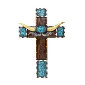 BestGiftEver Southwestern Wall Cross with Faux Horns and Tooled Leather Accent - Native American Religious Decor, American Western Cross for Wall, Native Indian Home Wall Decor
