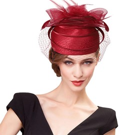 Woman Feather Fascinator Hat Pillbox Derby Hats with Veil Clip Vintage Bridal Wedding Tea Party Cap Wine Red