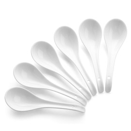 DOWAN Soup Spoons Set of 6, Ceramic Chinese Soup Spoon, Asian Soup Spoons, White Japanese Spoon Large for Ramen Pho Wonton Dumpling Miso, Deep Oval Hook Design
