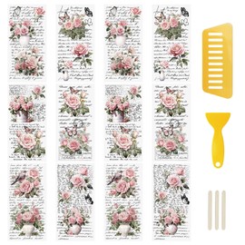 WANDIC 12 Sheets Retro Rub On Transfer Stickers,Pink Retro Flowers Decals Rose Stickers with Letters Waterproof Decals for DIY Scrapbooking