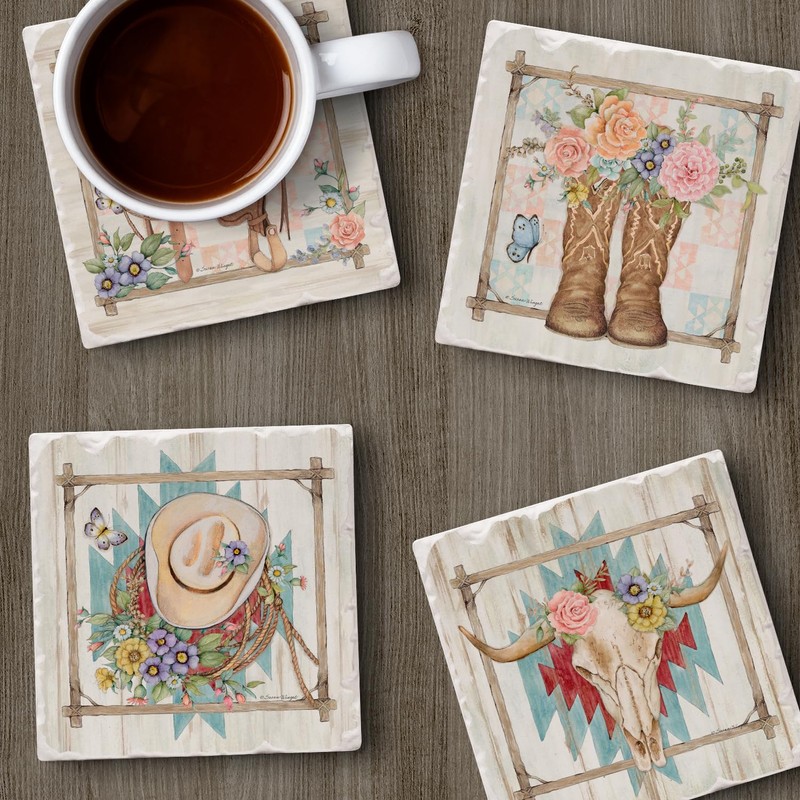 Thirstystone Rosewood Ranch 4-Pack Assorted Tumbled Tile Stone Coasters with