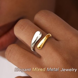 Poxtex Two Tone Gold Silver Band Ring for Women, Non Tarnish Mixed Metal Ring Jewelry Size 11