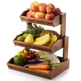 HOLANA Acacia Wood Fruit Basket - Fruit Bowl for Kitchen Counter, Fruteros Para Cocina , Fruit and Vegetable Storage (Walnut, 2 Tier)
