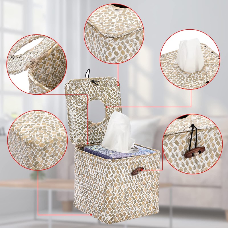 Sumnacon Tissue Box Cover Square Seagrass Tissue Box with Lid,