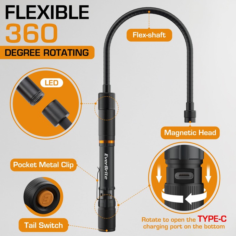 EverBrite Multi-Functional Rechargeable Work Light, Flexible LED Flashlight with 3