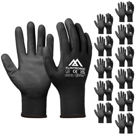 flintronic 12 Pairs Safety Work Gloves, Non-Slip PU Coated Gloves, Scratchproof Work Handling Gloves, Firm Grip Protective Working Gloves for General Duty Work, Gardening (L - Size 9, Black)