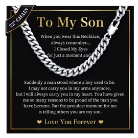 To my Son Curb Chain Necklace for Boys - Men's Hip Hop 8mm Stainless Steel Cuban Link Chain Necklace I Love You Gift for Son from Mom or Dad, Mens Jewelry Gifts for Teens Graduation,22 Inches