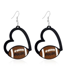 MOM Wooden Heart Pendant Earrings with Basketball Football Volleyball Softball Baseball Sports Theme Mother's Day Jewelry Gifts-Football