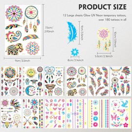 12 Hojas Grandes Glow in the Dark Tattoo 150+ Neon Maquillaje Temporal, Rave Festival Accesorio, Cara Falsa Mariposa Tatuaje UV Luz Negra para Mujeres Artículos de Fiesta (12 Hojas Estilo Metálico)