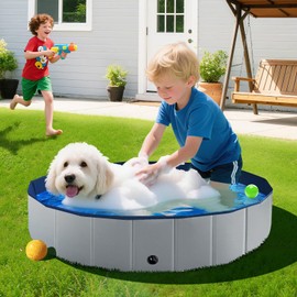 FunBy Foldable Dog Pool, Kiddie Pools Hard Plastic for kids, Small Dog Pools, Portable Collapsible Pool, Kids Swimming Pool for Toddlers, Thickened, Non Slip Pet Bathing Tub for cats (32x8 Inch), Grey
