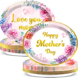 Qyeahkj 50 PCS Happy Mother’s Day Oval Paper Plates Large 11” Disposable Love You Mom Party Decorations Mother's Day Supplies Favor for Pink Flower Party Tableware Set