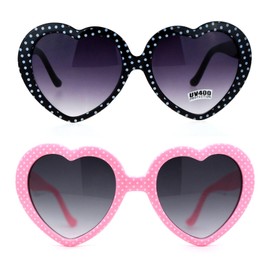 SA106 Polka Dot Print Plastic Heart Shape Cute Womens Sunglasses ((2-pack) black & dark pink)