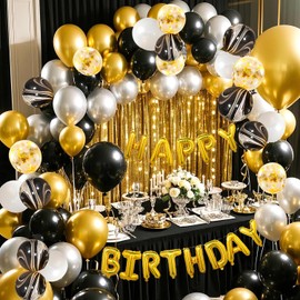 YinQin 118 PCS Black Gold Happy Birthday Party Balloons Set with Filling Pump Gold Foil Fringe Curtains Black Golden Silver White Happy Birthday Party Balloon Supplies Decorations for Men Women