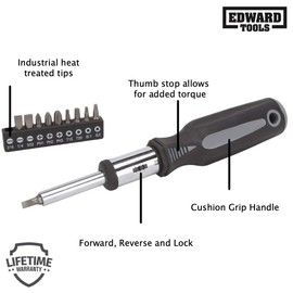 Edward Tools 11 in 1 Screwdriver - Multi Tool Heavy Duty Ratchet Screwdriver with industrial multi bits and organizer - Thumb stop for added torque - Cushion Grip
