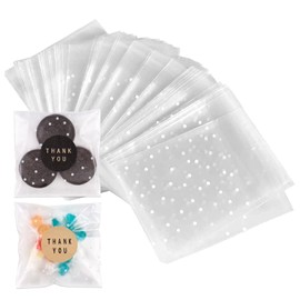 YunKo 200 Pack Self Sealing Clear Cookie Bags with Polka Dots & Thank You Stickers – 4x4 Inch Resealable Treat Bags for Cookies, Candy, Chocolate, Bakery Goods, Party Favors